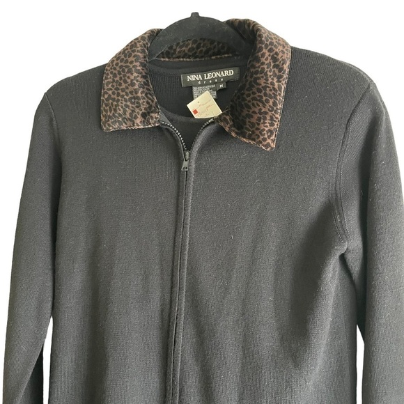 NWT Nina Leonard Black Sweater Jacket Dress Long Sleeves Leopard Collar Size M - Picture 2 of 10